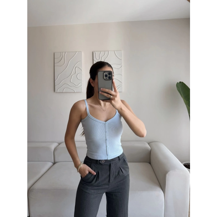 Düğmeli Askılı Crop - MAVİ