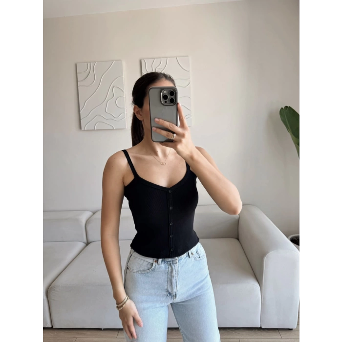 Düğmeli Askılı Crop - SİYAH
