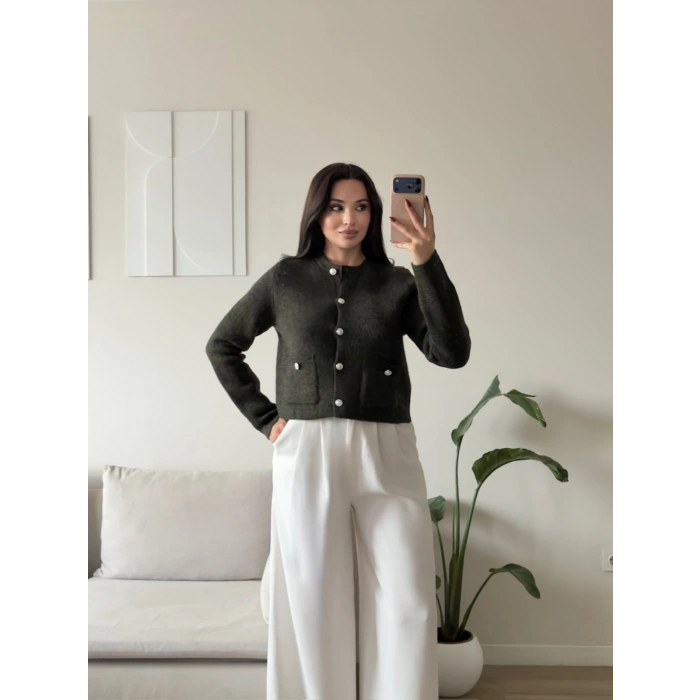 Düğmeli Çİft Cep Triko Hırka - HAKİ
