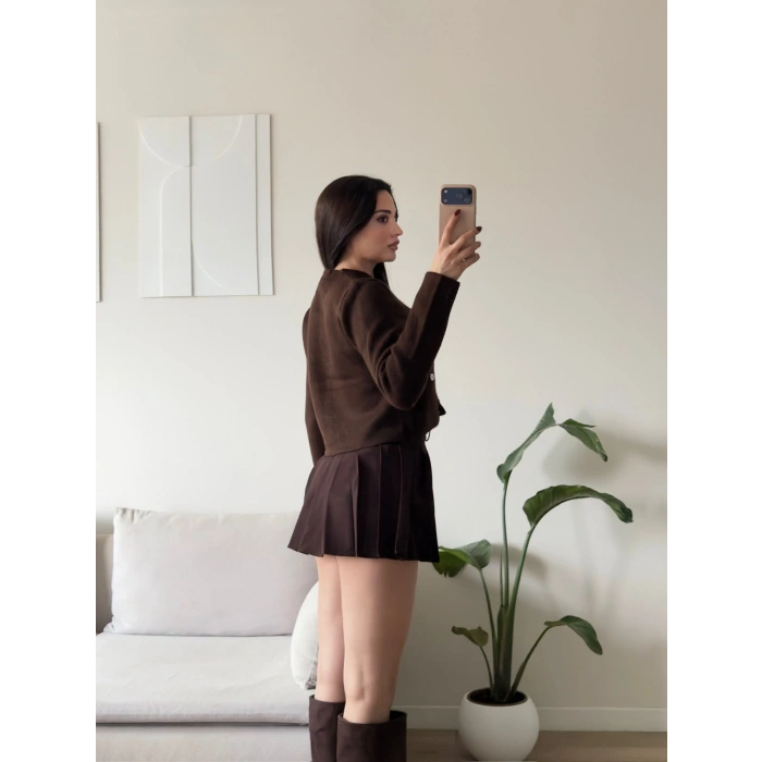 Düğmeli Çİft Cep Triko Hırka - KAHVE