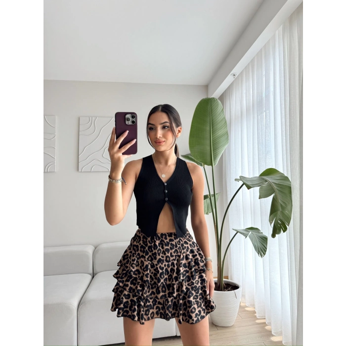 Düğmeli Crop Yelek-SİYAH