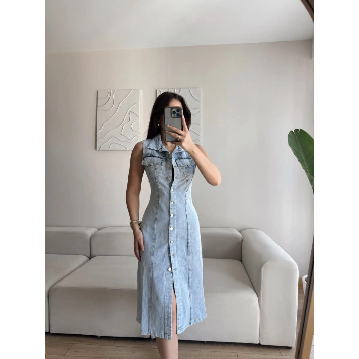 Düğmeli Denim Elbise