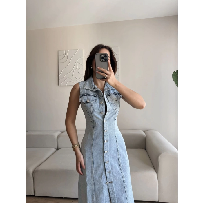 Düğmeli Denim Elbise
