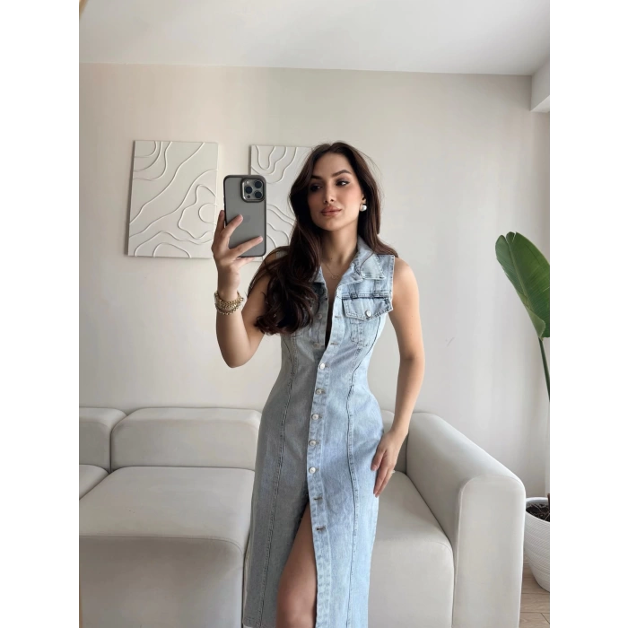 Düğmeli Denim Elbise