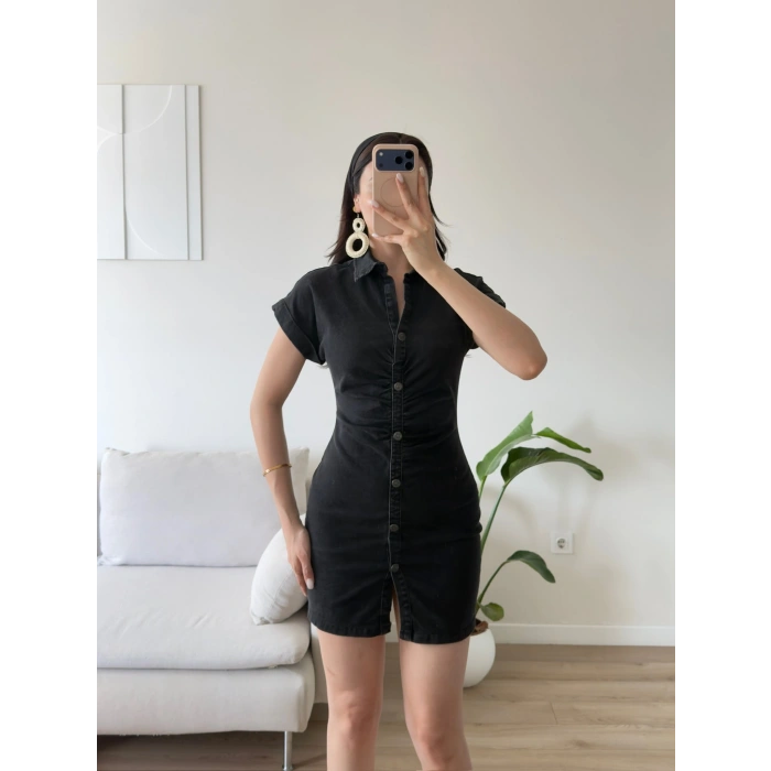 Düğmeli Denim Elbise