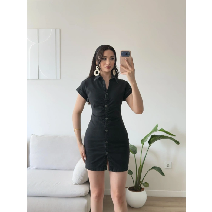 Düğmeli Denim Elbise