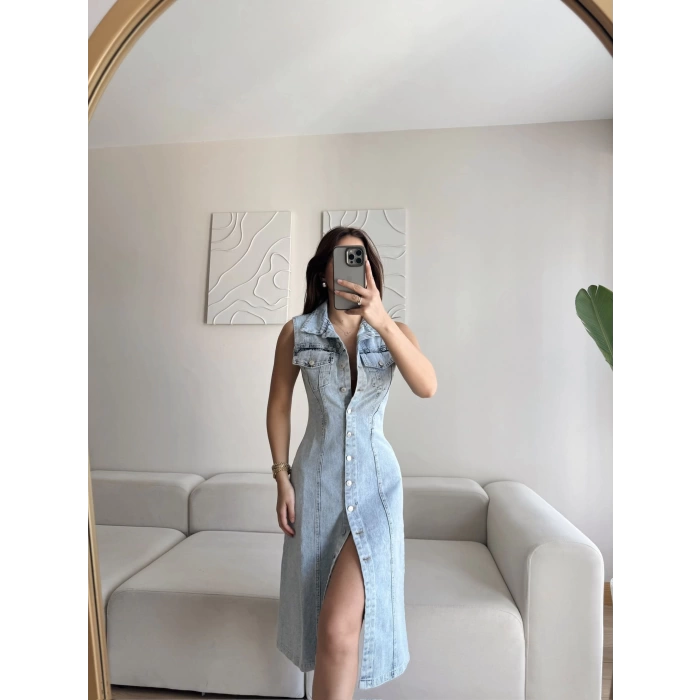 Düğmeli Denim Elbise