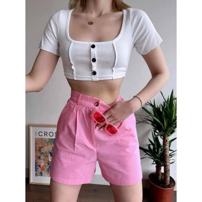 Düğmeli Kaşkorse Crop-BEYAZ