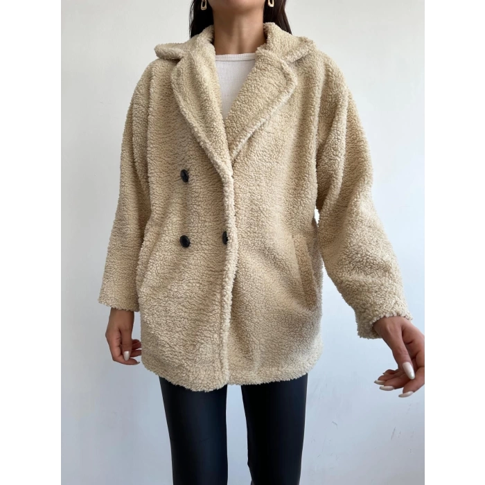 Düğmeli Peluş Ceket-BEJ