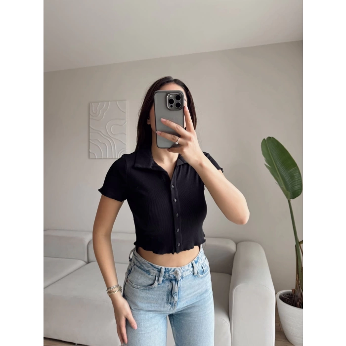 Düğmeli Polo Yaka Crop -SİYAH