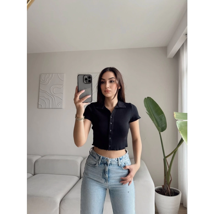 Düğmeli Polo Yaka Crop -SİYAH