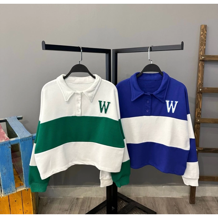 Düğmeli Polo Yaka W Oversize Sweat-YEŞİLBEYAZ