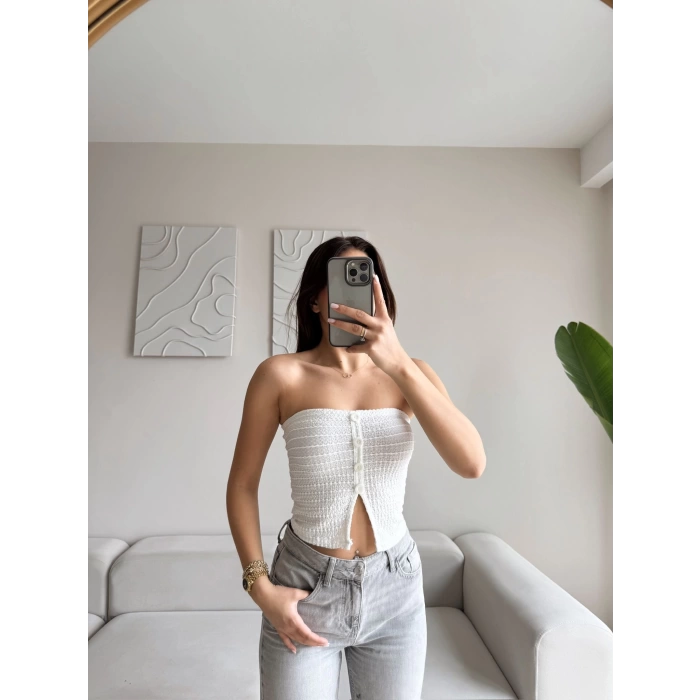 Düğmeli Straplez Crop