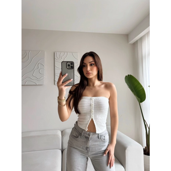 Düğmeli Straplez Crop