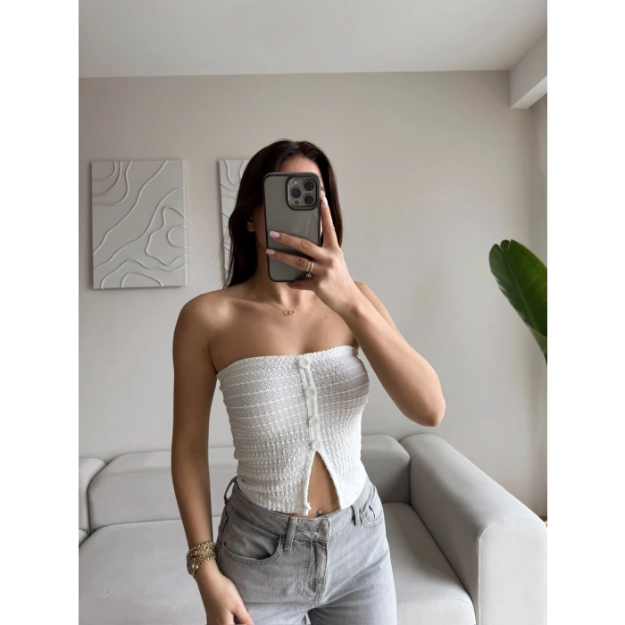 Düğmeli Straplez Crop