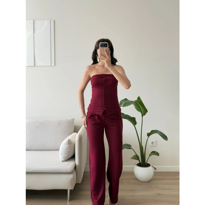 Düğmeli Straplez İkili Takım - BORDO