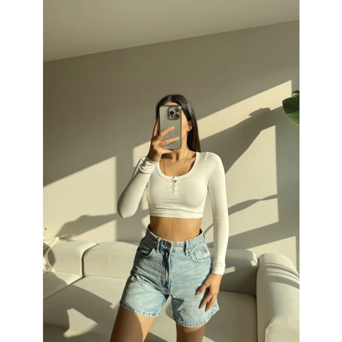Düğmeli Yaka Kaşkorse Crop Bluz-BEYAZ