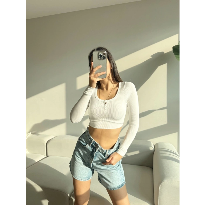 Düğmeli Yaka Kaşkorse Crop Bluz-BEYAZ