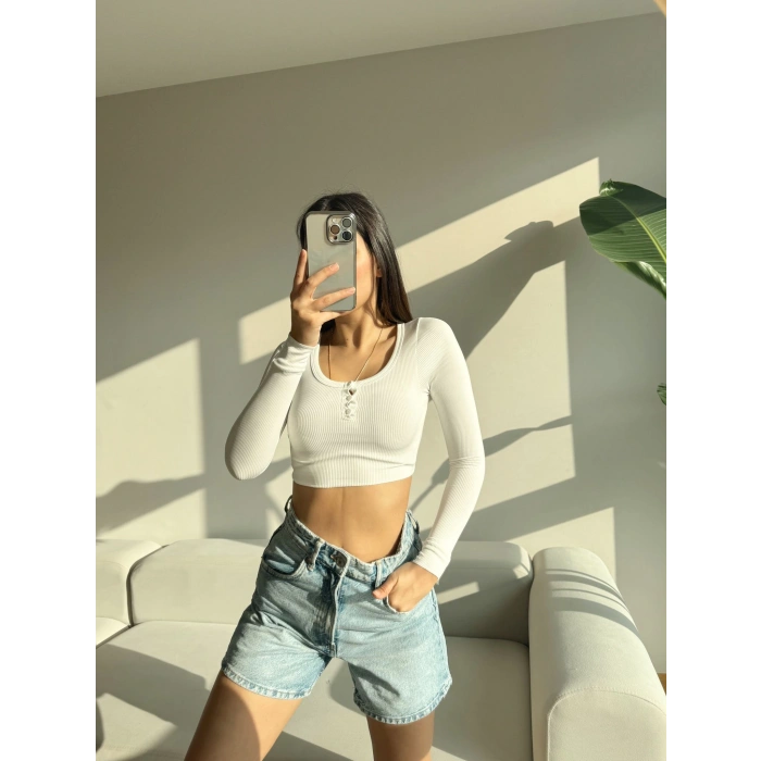 Düğmeli Yaka Kaşkorse Crop Bluz-BEYAZ