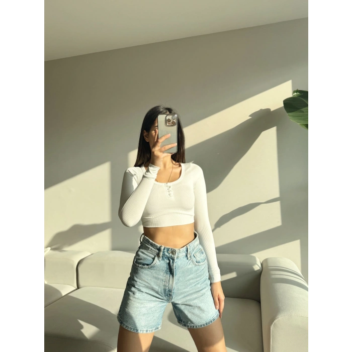 Düğmeli Yaka Kaşkorse Crop Bluz-BEYAZ