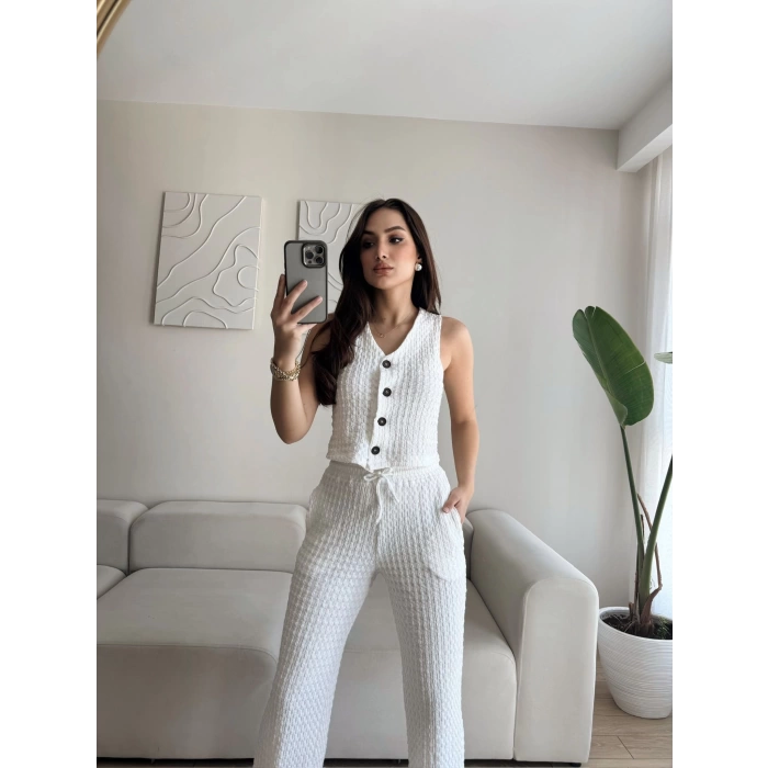Düğmeli Yelek & Pantolon Takım - BEYAZ