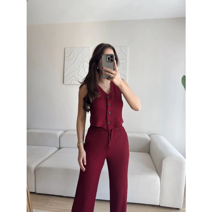 Düğmeli Yelek & Pantolon Takım - BORDO