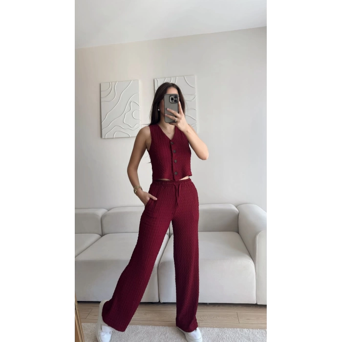 Düğmeli Yelek & Pantolon Takım - BORDO
