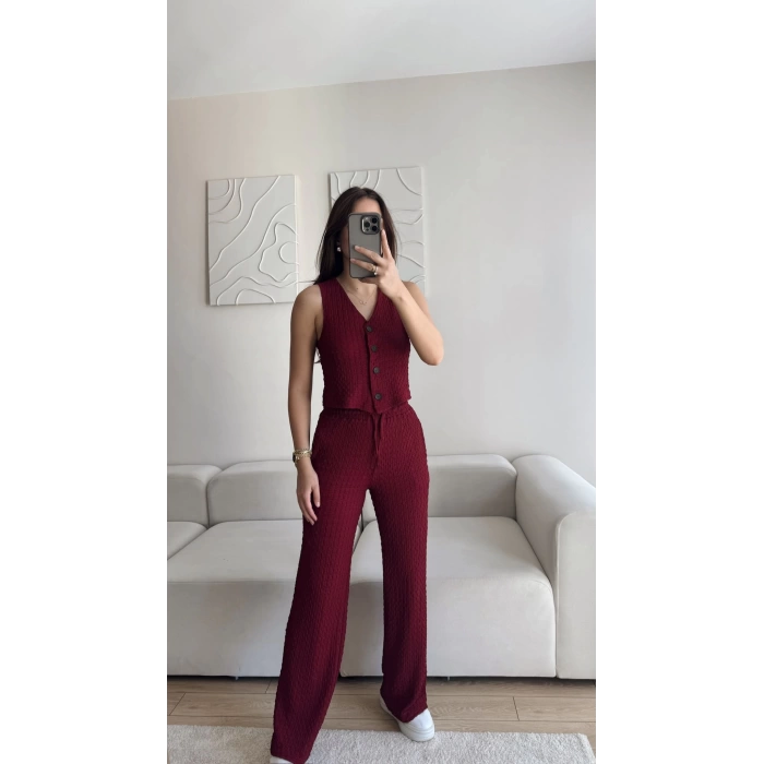 Düğmeli Yelek & Pantolon Takım - BORDO