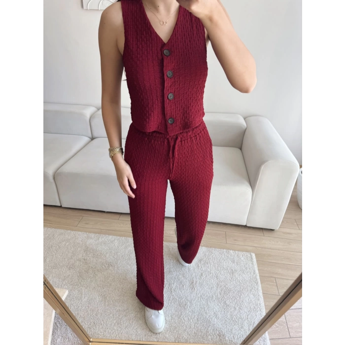 Düğmeli Yelek & Pantolon Takım - BORDO