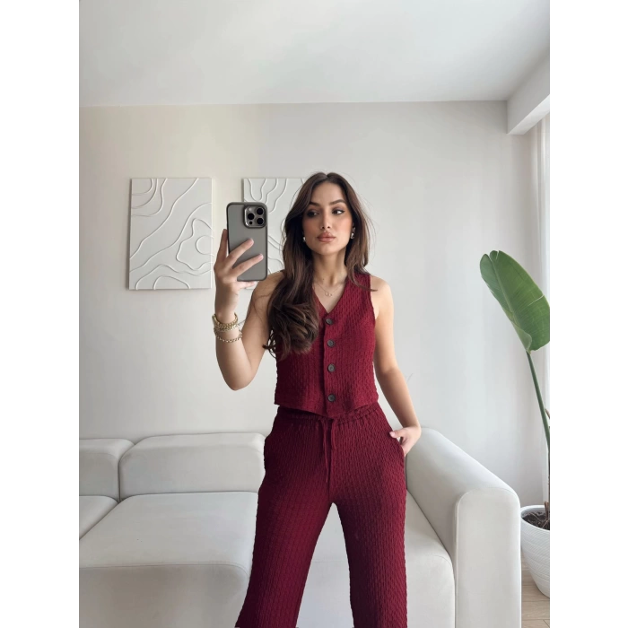 Düğmeli Yelek & Pantolon Takım - BORDO