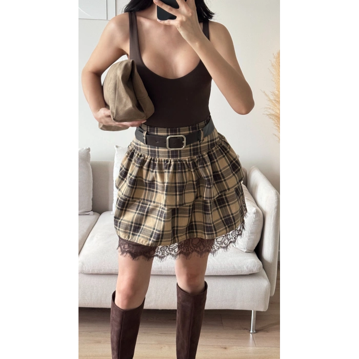 Ekose Dantel Detay Etek - CAMEL