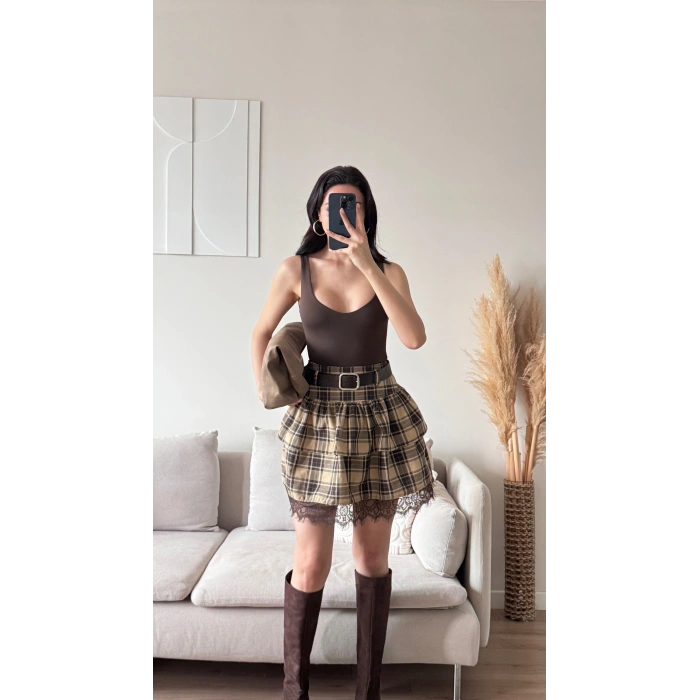 Ekose Dantel Detay Etek - CAMEL