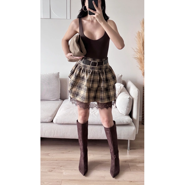 Ekose Dantel Detay Etek - CAMEL