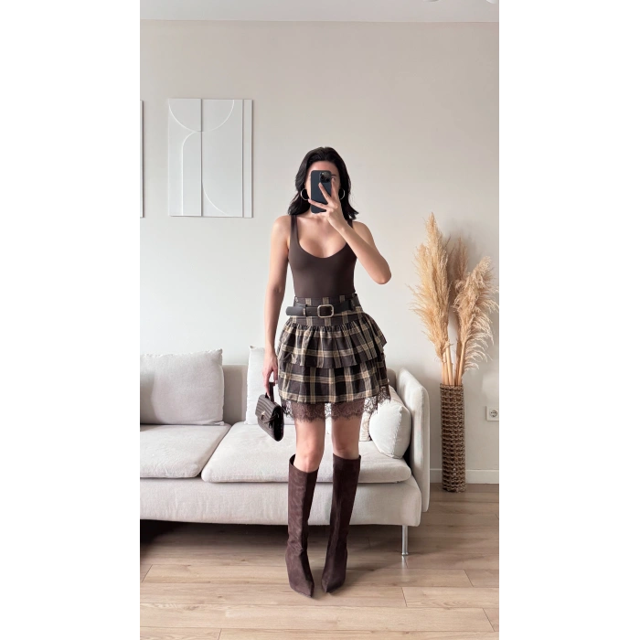 Ekose Dantel Detay Etek - KAHVE