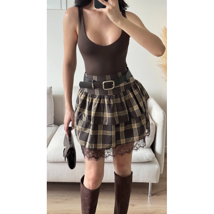 Ekose Dantel Detay Etek - KAHVE