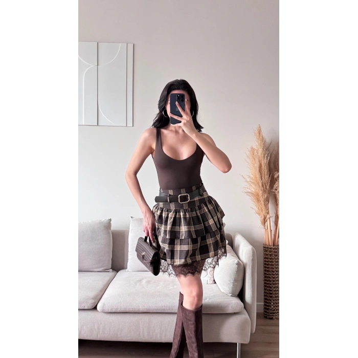 Ekose Dantel Detay Etek - KAHVE