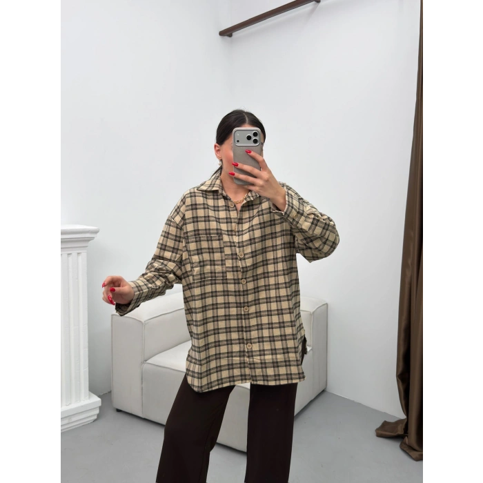 Ekose Tek Cepli Gömlek - CAMEL