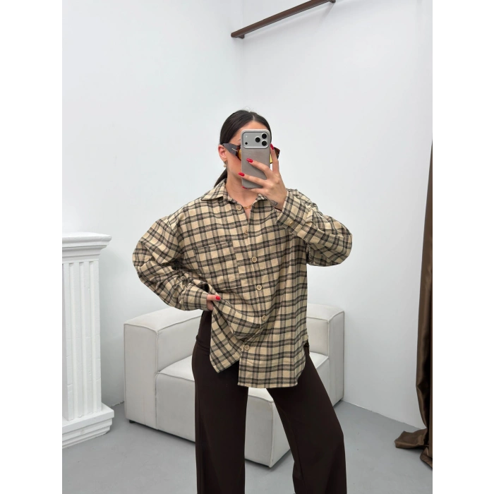 Ekose Tek Cepli Gömlek - CAMEL