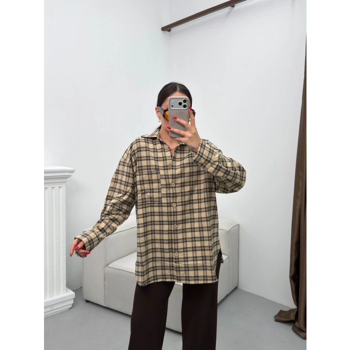 Ekose Tek Cepli Gömlek - CAMEL