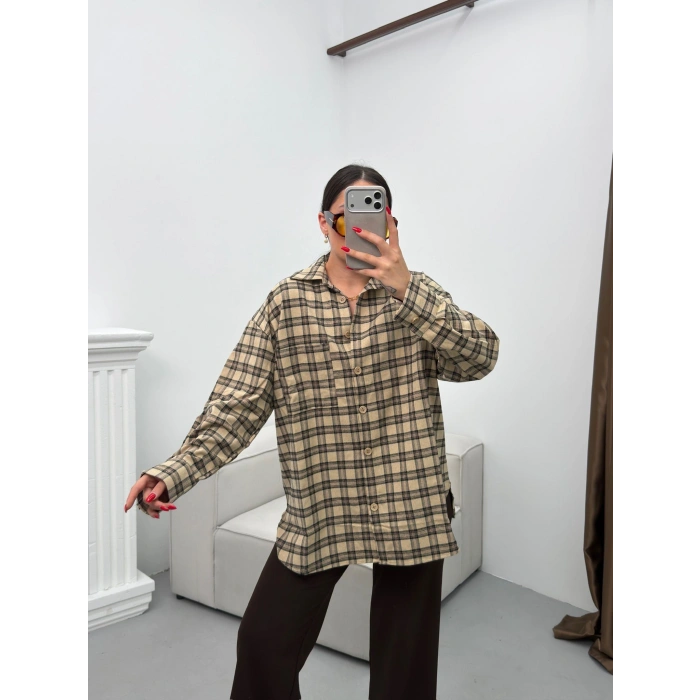 Ekose Tek Cepli Gömlek - CAMEL