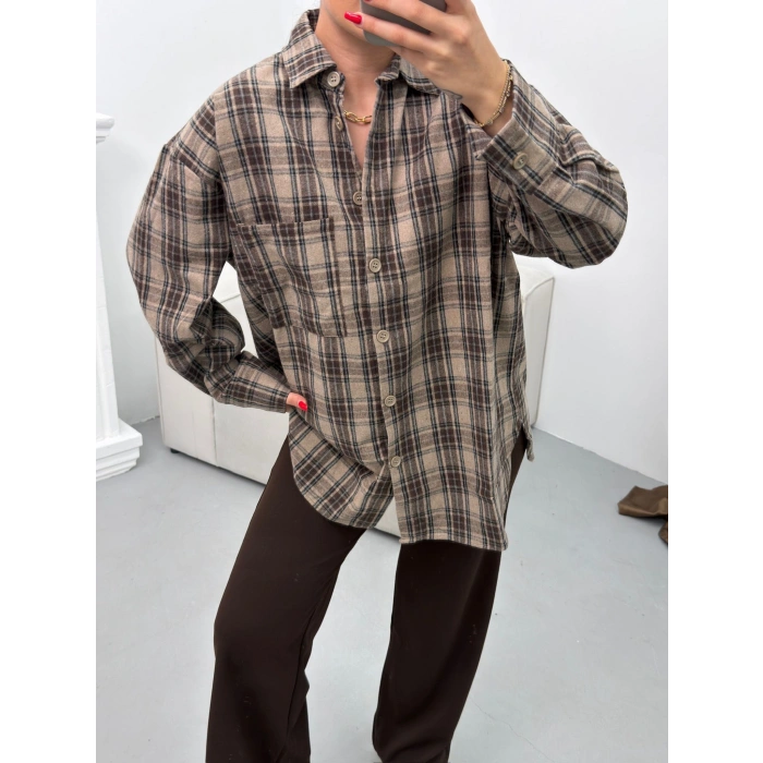 Ekose Tek Cepli Gömlek - VİZON