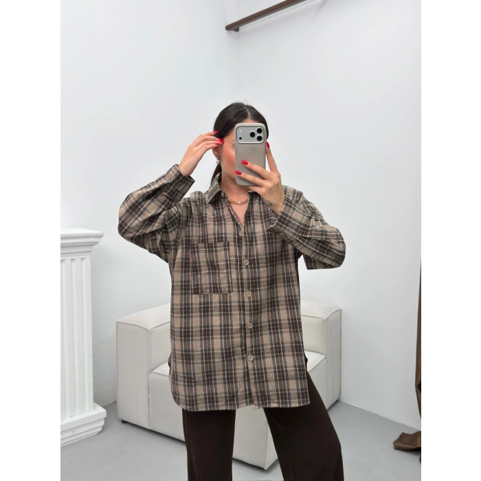 Ekose Tek Cepli Gömlek - VİZON