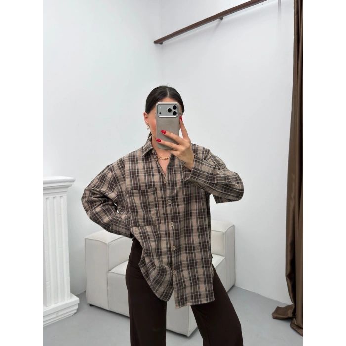 Ekose Tek Cepli Gömlek - VİZON