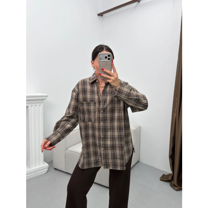 Ekose Tek Cepli Gömlek - VİZON