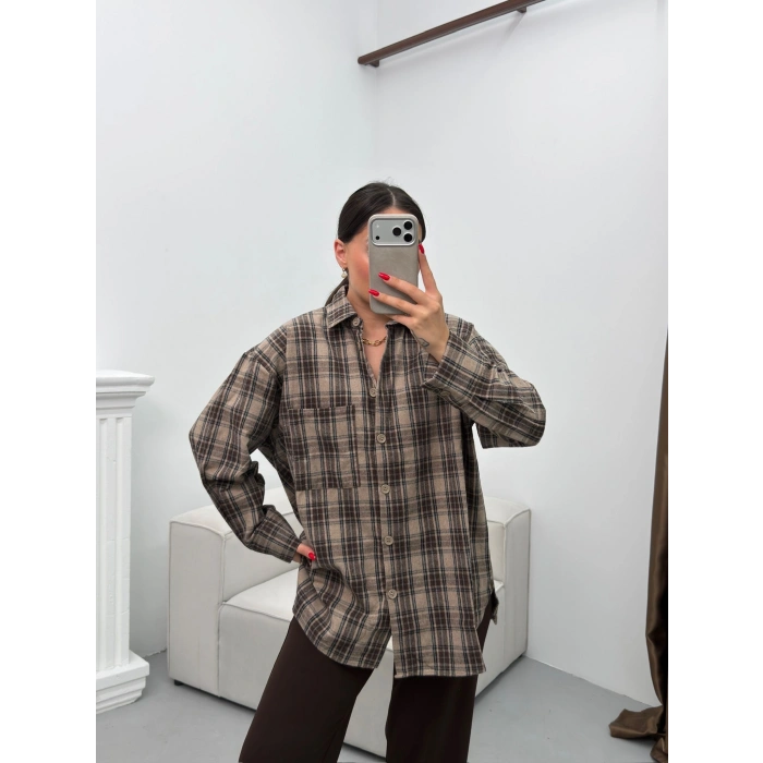 Ekose Tek Cepli Gömlek - VİZON