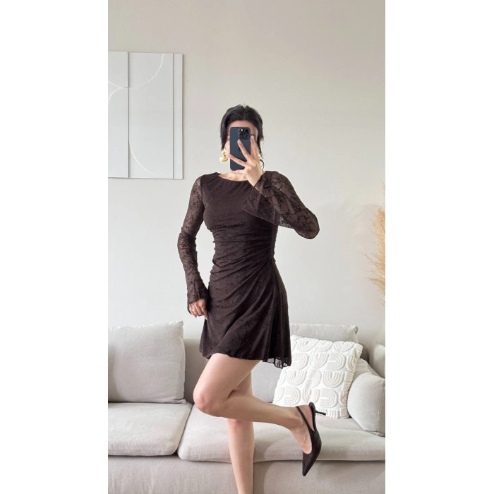 Elegance Dantel Elbise - KAHVE