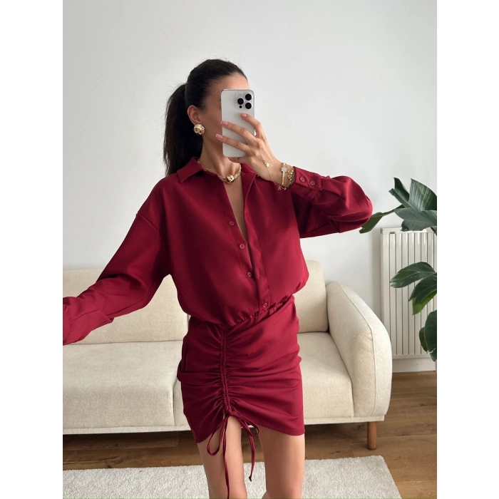 Eteği Büzgülü Gömlek Elbise - BORDO