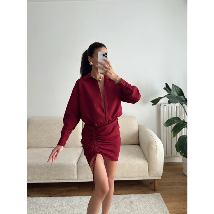 Eteği Büzgülü Gömlek Elbise - BORDO