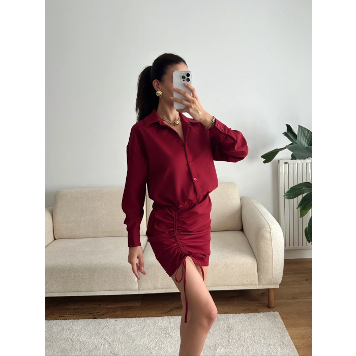 Eteği Büzgülü Gömlek Elbise - BORDO