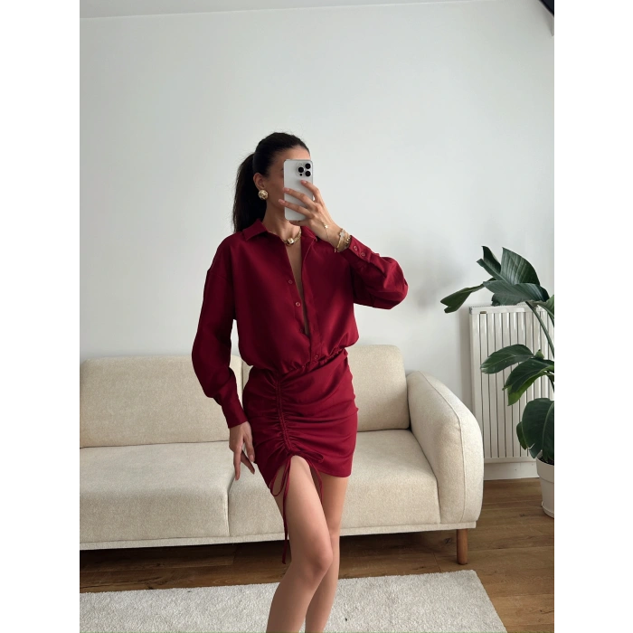 Eteği Büzgülü Gömlek Elbise - BORDO